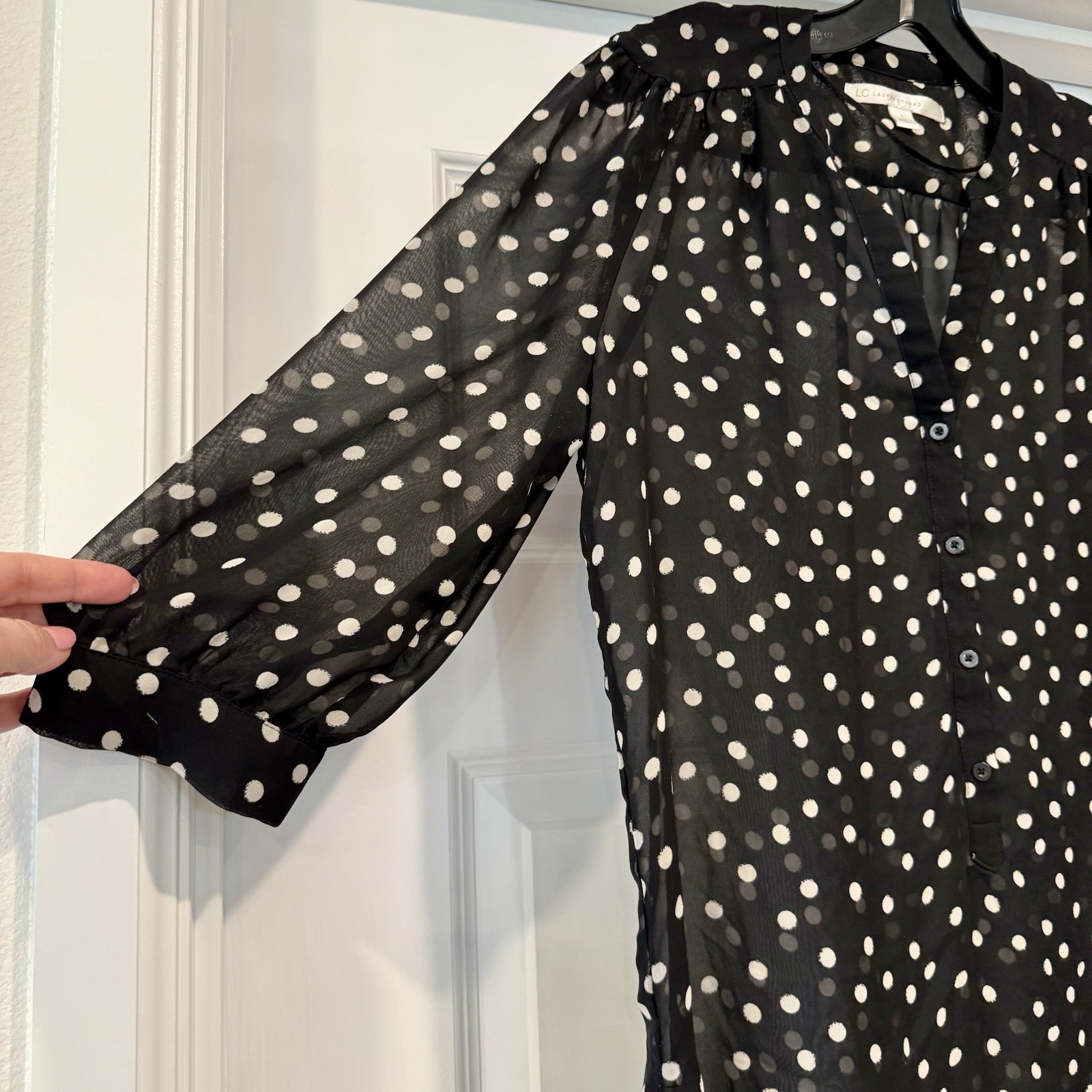 LC Lauren Conrad Women’s Size L  Blouse Top Sheer Black Polka Dots Career