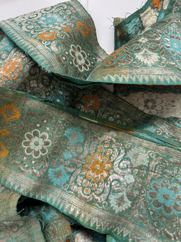 Antique Vintage Jade Green Heavy Silk Brocade Ribbon Silver Metal Thread 5”x 50” - Image 4 of 4