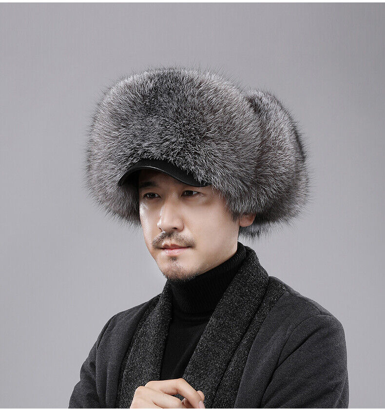 Men's Fox Fur Hat | Real Fox Fur Trapper/Aviator Hat XLarge / Black