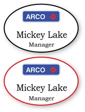 2 WHITE OVAL ARCO STORES PERSONALIZED NAME BADGES SAFETY PIN FASTENER