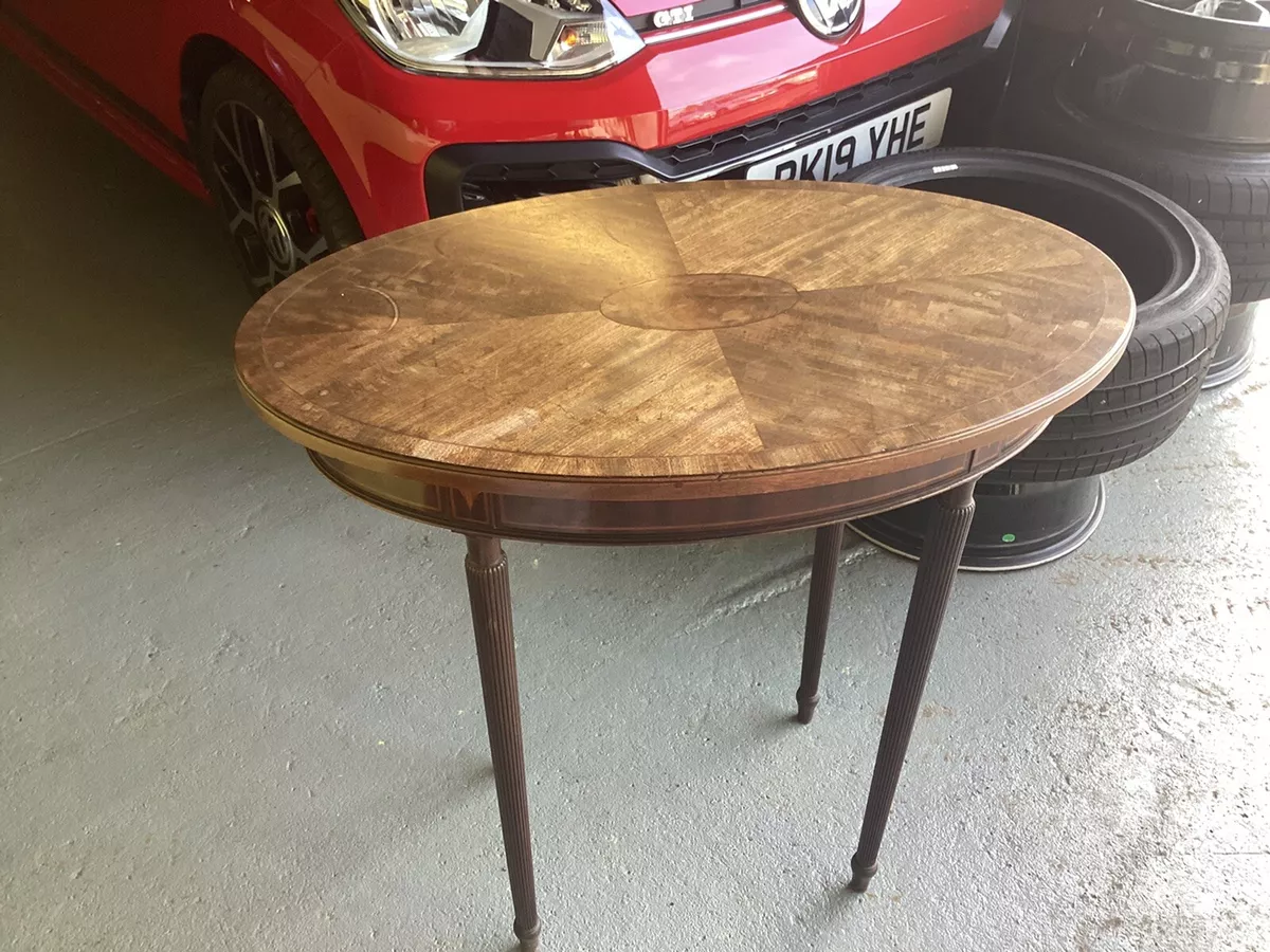 Edwardian antique oval side table mahogany with walnut inlay fluted legs