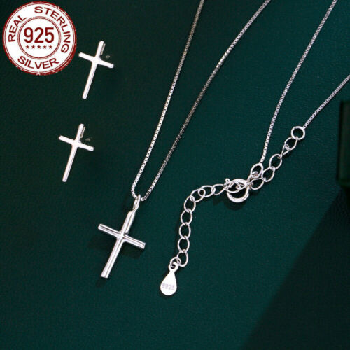 925 Silver Cross Pendant Glossy Set Women Fashion Necklace Earrings Jewelry  - Afbeelding 1 van 7