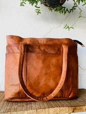 14" Women's Genuine Reliable Goat Leather Tote Shopping Handmade Bag