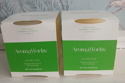 2 X NATÜRLICHE AROMATHERAPIE AROMAWORKS LONDON ENTSPANNEN BASILIKUM & ORANGE GLAS KERZEN 