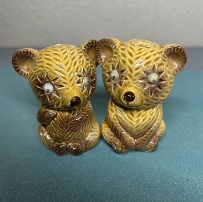 Vintage Ceramic Bear Salt & Pepper Shakers Brown Glazed Japan Googly Eyes Pair