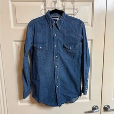 VTG 80s 90s 100 Cotton Denim Wrangler Western indie Pearl Snap Shirt