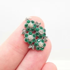 Antique Victorian Solid Silver Diamond Emerald Paste Necklace Pendant Flower