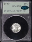1937 Mercury Dime PCGS MS-65 FB CAC Old Green Rattler Holder