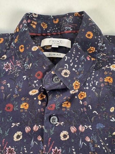 Next Mens Long Sleeved Floral Shirt Size Medium Slim Fit Cotton Blue - Picture 9 of 12