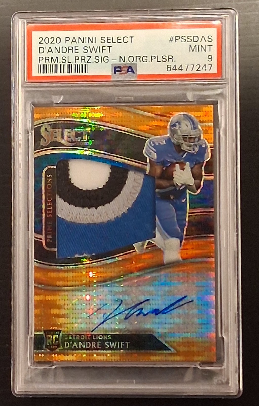 D'Andre Swift Panini Select Prime Selections Prizm Signatures #PSSDAS Neon Orange Pulsar