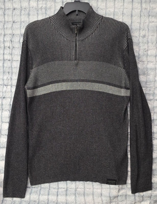 Calvin Klein Black & Gray Striped 1/4 Zip Sweater Men's Large Mock Neck Classic