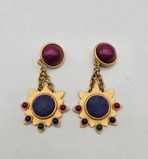 Vintage 80s Mogul Style Gold Tone Jewel Tones Dangle Clip On Earrings