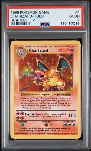 1999 POKEMON BASE SET SHADOWLESS #4 CHARIZARD-HOLO PSA 2