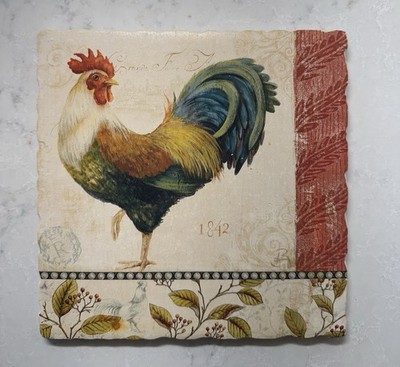 Vintage Style  Rooster Art Tile with Floral Design