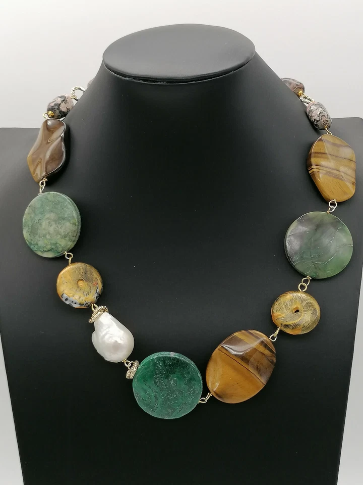 collana da donna giada occhio di tigre perla diaspro argento FATTA IN ITALIA - Immagine 3 di 4