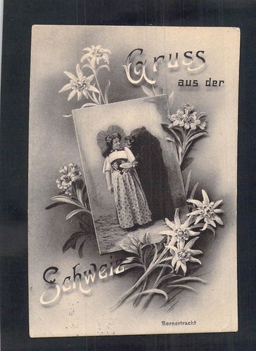 D5892 Greetings Bear and Lady PU1915 Bern Austria vintage postcard