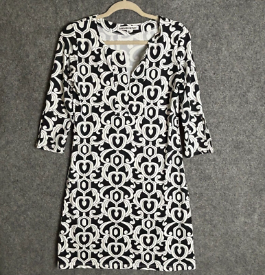 Barbara Gerwit Dress Women's Small Black White Geometric Shift 3/4 Slit  Sleeves | eBay