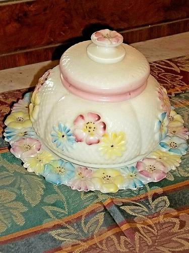 BUTTER DISH W/ LID  COSMOS MILK GLASS  FLORAL MULTICOLOR BY CONSOLIDATED GLASS