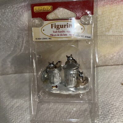 2004 Lemax Christmas Village Trash Bandits Playful Raccoons Figurine New