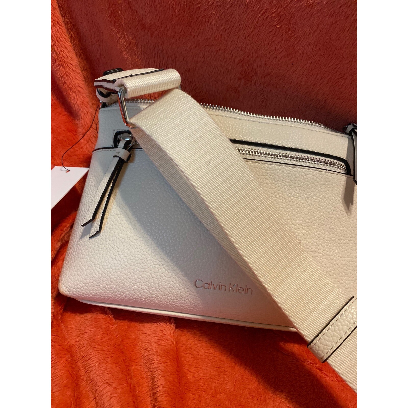 Calvin Klein Crossbody Bag, Front Zip Pocket Adjustable Strap Ivory NEW thumbnail 8