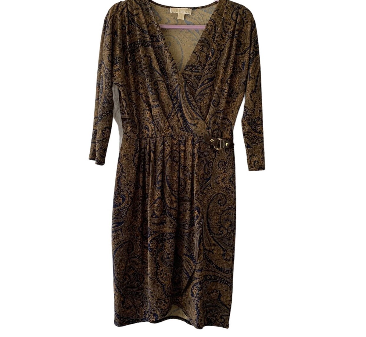Michael Kors Sz S Faux Wrap Brown Paisley Print Gold Horsebit Logo