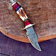 Handmade Damascus Steel Tactical hunting skinning knife stag antler handle