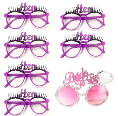 6 HEN NIGHT LILA BRILLEN WIMPERN & 1 BRAUT BRILLE KOSTÜM PARTY