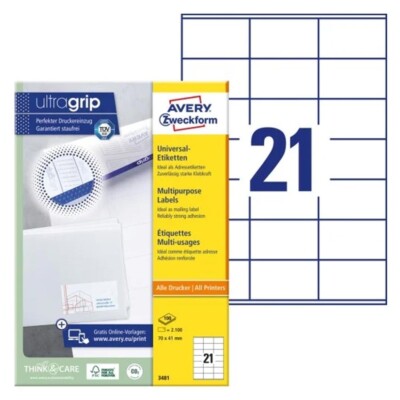 Avery Zweckform Avery Labels 70 x 41mm White A4 (3481) Mehrzwecketiketten