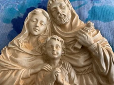 Vintage holy water holder with the holy family raised images, 7# tall. #d