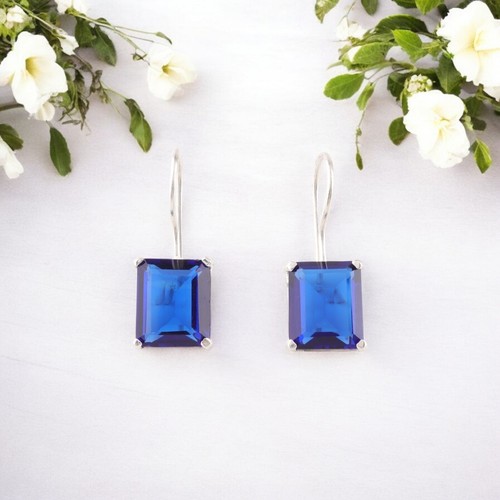 Faceted Blue Sapphire Gemstone Earring 925 Sterling Silver Earring For Daughter - Picture 7 of 8