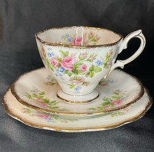 Vintage ROYAL ALBERT Moss Rose Brushed Gold Cup, Saucer Dessert Plate Trio