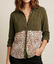 Free People Shirt Womens S Olive Army Green Leopard Animal Print Button Down Top