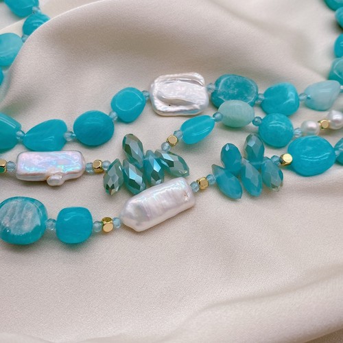 Collar de perlas Biwa blancas amazonita verde de 3 hilos de diseñador para mujer joyería boho - Imagen 3 de 6