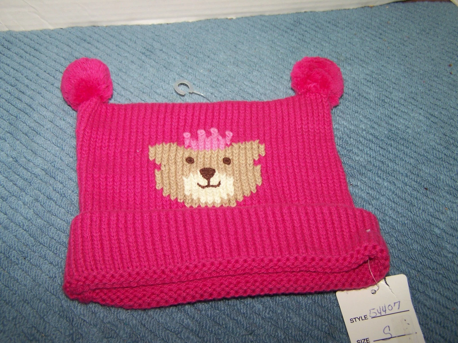 NWT Claver Girl Cotton Knit Princess Bear Hat Pom Poms Pink by Acvisa Small