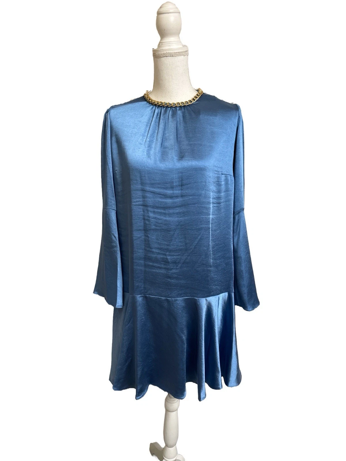 Abito donna Michael Kors nuovo con etichette scollo a catena manica a campana vita bassa blu $175