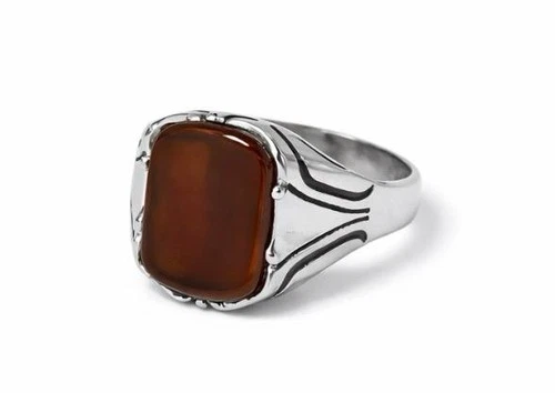 Men 925 Sterling Silver Ring Brown Agate Vintage Signet Statement ALFI Gemstone