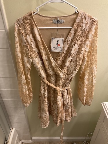 Neu Halfisland kleines Kleid Wickel bestickt Spitze Blumen beige launisch Twee Boho - Bild 2 von 15
