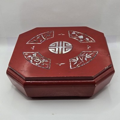 Vintage Japanese Jewelry Red Box With Abalone Shell/Mother of Pearl Inlay 