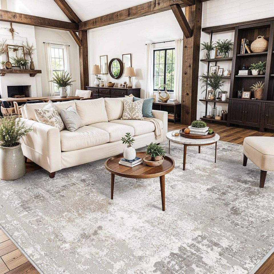 Washable 9x12 Area Rugs Neutral Large Rugs for Living Room Abstract