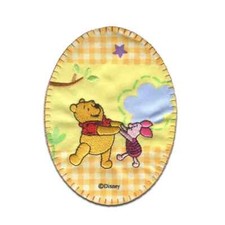 Disney Winnie The Pooh Iron-On Patch: Gingham Oval Winnie w/Piglet Dancing New