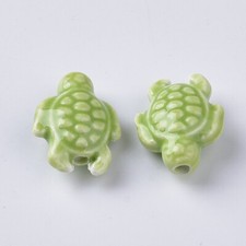 Porcelain Turtle Beads 19mm Green Ceramic Jewelry Making Findings Glazed 4pcs