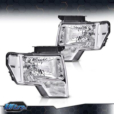 Fit For 2009-2014 Ford F150 Pickup Clear/Chrome Headlights Lamps Left+Right Pair