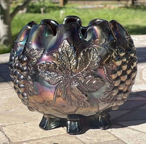 Vintage Dugan Iridescent Amethyst Carnival Glass Footed Grape Delight Rose Bowl