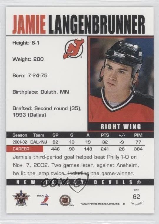 2002-03 Pacific Vanguard Jamie Langenbrunner #62 - Image 2 of 2