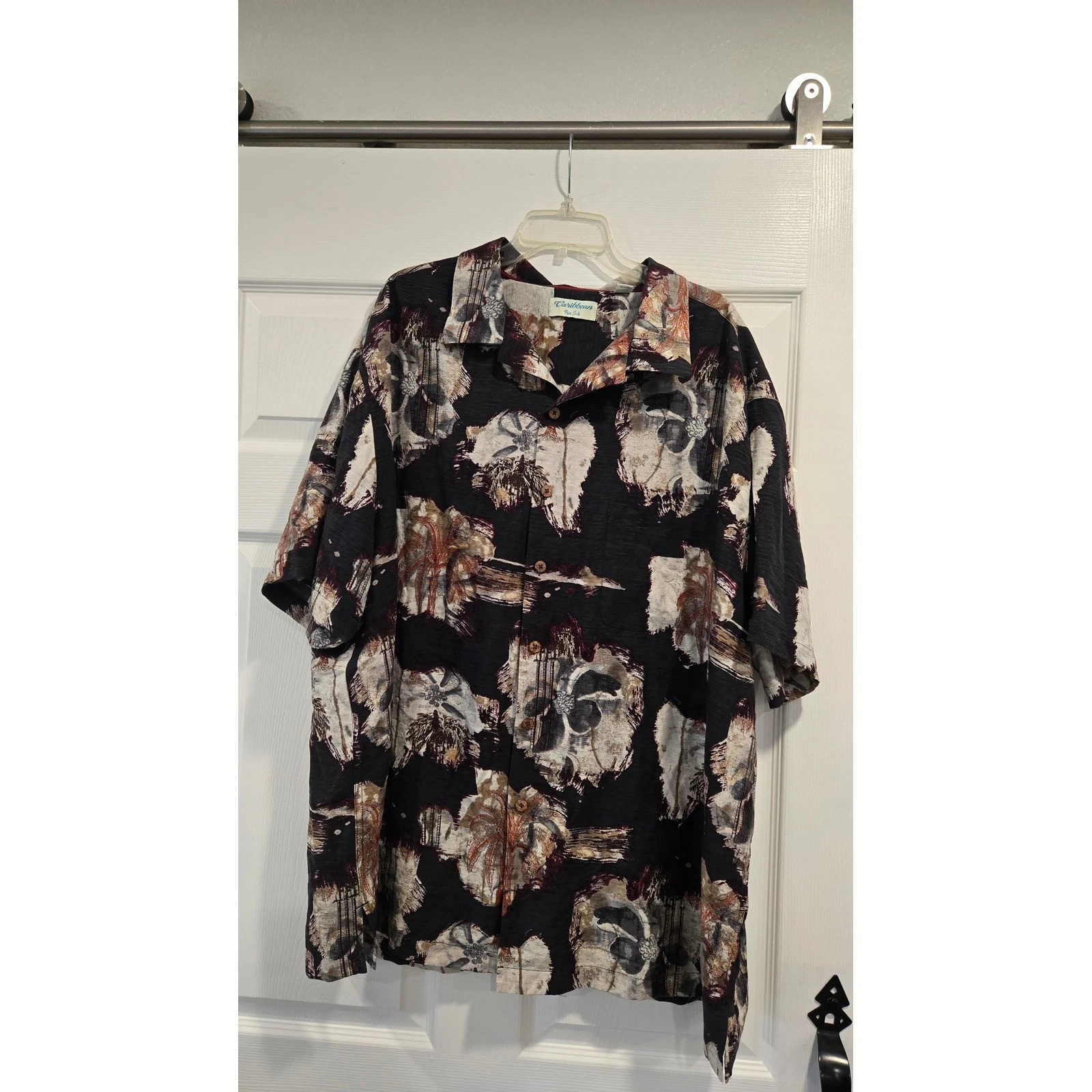 Caribbean Pure Silk Mens 3X Black Tropical Skull Print Short Sleeve Shirt