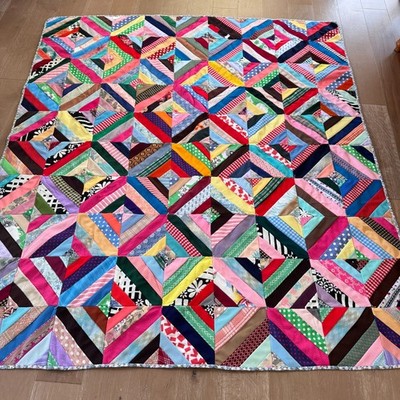 Handmade Tied String Patchwork Quilt 80x72 Multicolor Scrap Fabric Throw