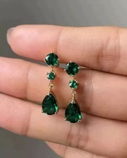 3Ct Pear Cut Lab-Created Emerald Drop Dangle Earring 14K Yellow Gold Plated