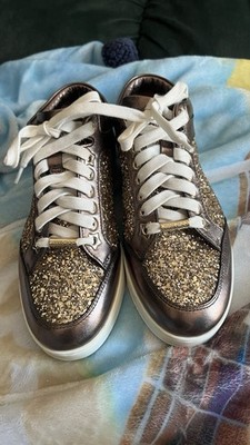 Jimmy Choo Glitter Lace-Up Low Top Sneakers Gold Bronze White Designer