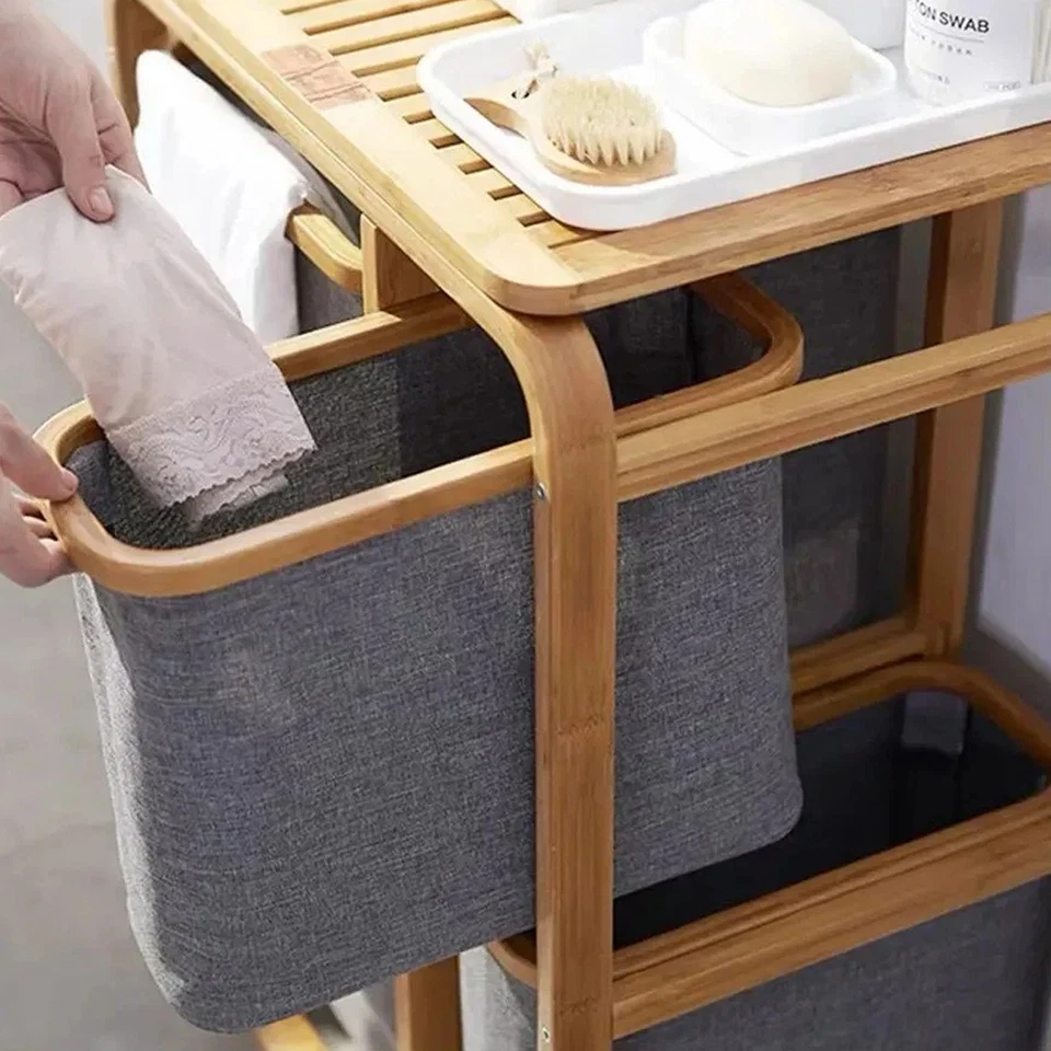 Wäschekorb aus Bambus mit Drei Wäschesack Badezimmerregal Badregal Grau - Bild 3 von 4