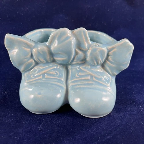McCoy Blue Baby Shoes With Bows 1940s Pottery Planter Baby Gift Vintage Glazed